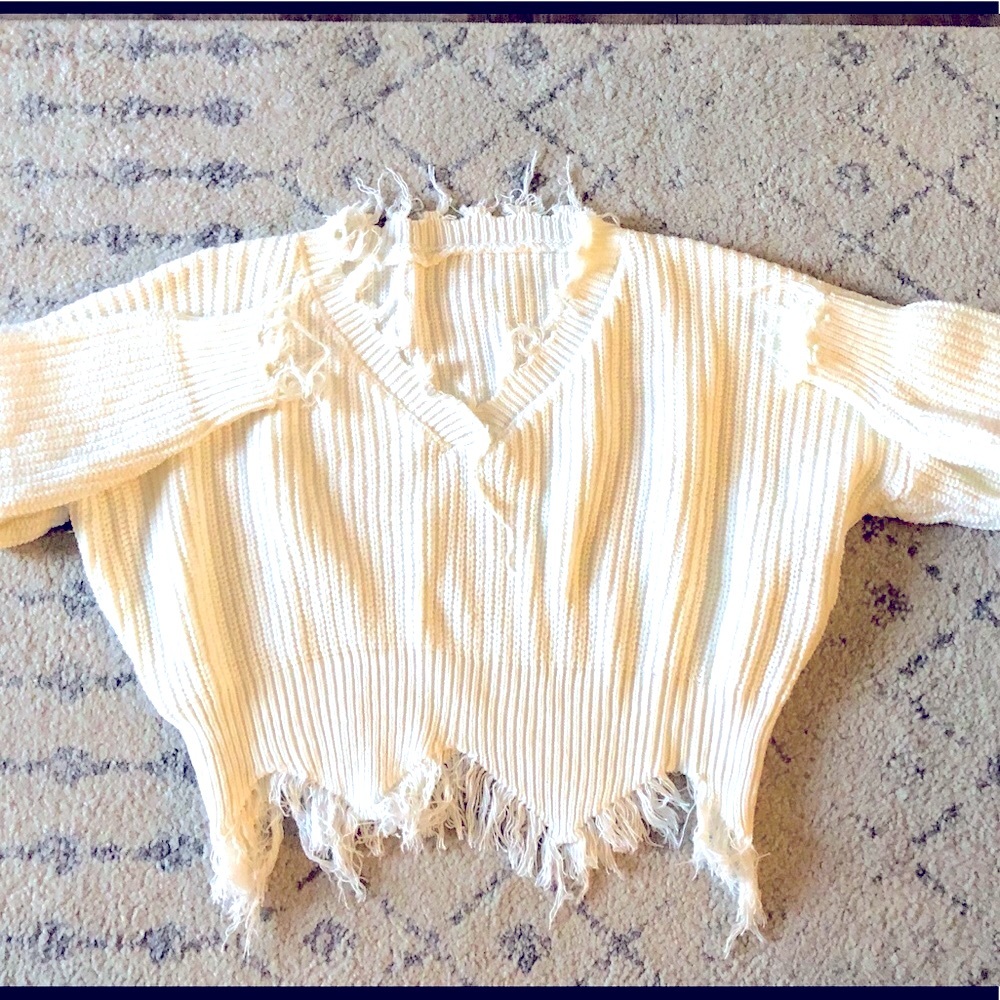 Cropped White Knit Destroyed Sweater